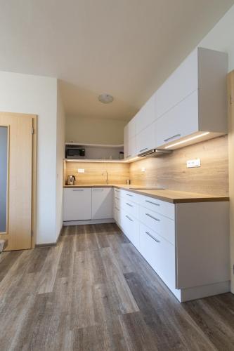 an empty kitchen with white cabinets and wood floors at Apartmány pod Zakletým - Hotel Říčky in Říčky