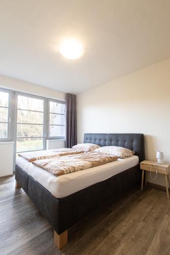 a large bed in a bedroom with a large window at Apartmány pod Zakletým - Hotel Říčky in Říčky
