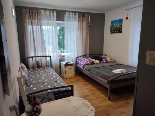 een kleine slaapkamer met 2 bedden en een raam bij Pokoje Karkonosze in Przesieka