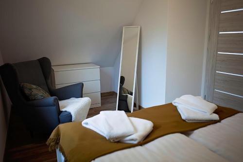 a bedroom with a bed and a chair and a mirror at Leśna Osada na Kaszubach - drewniane domy na wynajem in Bartoszylas