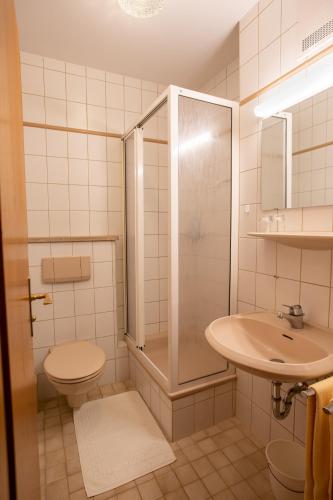 a bathroom with a shower and a toilet and a sink at Appartementhaus Kastanie in Bad Füssing