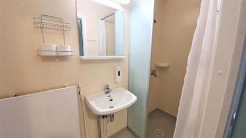 a bathroom with a sink and a mirror at Vanha-Merivartioasema Pihatalo in Kotka