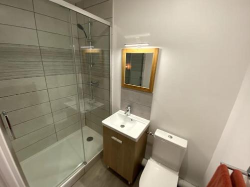 a bathroom with a shower and a toilet and a sink at Villa Raphaëlle #3 Centre ville avec parking in Le Havre