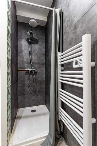 une salle de bain avec une douche avec un rideau de douche dans l'établissement **T3 **24h/24h**Internet** 12mn de Toulouse en Train**, à Saint-Jory