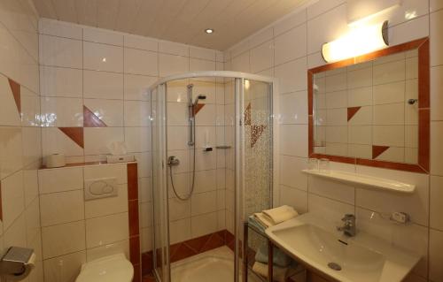 een badkamer met douche en wastafel bij Alpenperle in Ramsau am Dachstein
