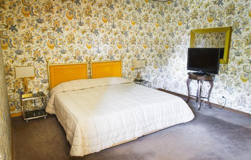 a bedroom with a bed and a tv and wallpaper at Hotel Villa La Principessa in Lucca