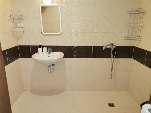 uma casa de banho com um lavatório e um chuveiro em Family Apartments Amadeus lux em Sunny Beach