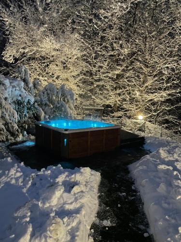 a jacuzzi tub in a yard covered in snow at L'armonia della natura in Aosta