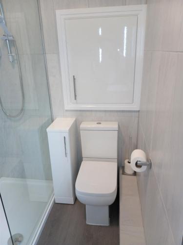 a bathroom with a toilet with a window and a shower at St Annes Lodge Apartments, Lytham St Annes in Lytham St Annes