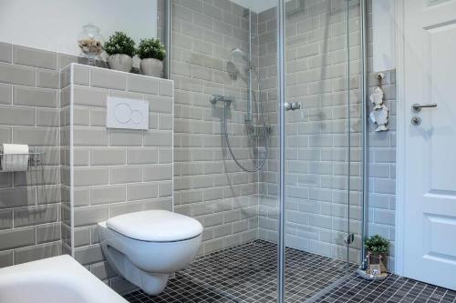 a bathroom with a toilet and a glass shower at Das Ferienhaus an der Weser in Bodenfelde