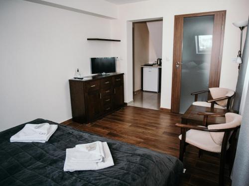 a hotel room with a bed and a desk and a television at Willa Pachówka - tam, gdzie natura spotyka się z nowoczesnością in Bukowina Tatrzańska