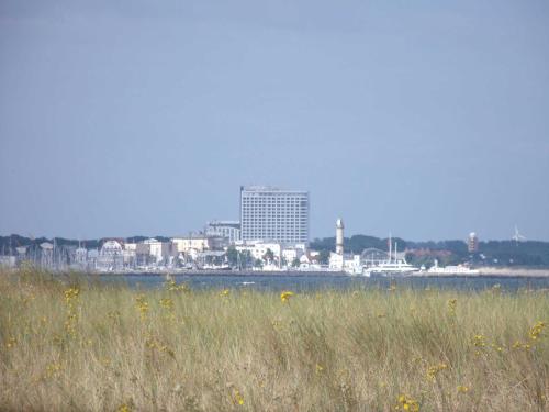 ヴァーネミュンデにあるFerienwohnungen seaZEIT Objektの都市を背景にした草原