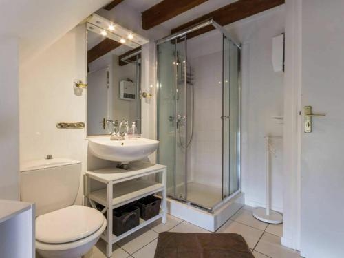 ein Bad mit einem WC, einem Waschbecken und einer Dusche in der Unterkunft Gîte Herbignac, 3 pièces, 6 personnes - FR-1-306-1108 in Herbignac