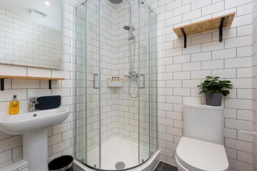 Un baño con ducha, inodoro y lavabo. en On The Walk, en Edimburgo