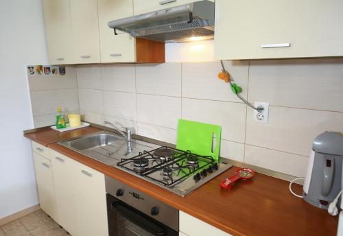 a kitchen with a sink and a stove top oven at Apartments Boro in Splitska