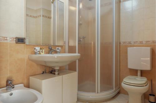 bagno con lavandino, doccia e servizi igienici di Chalet Pontal 1 a Courmayeur