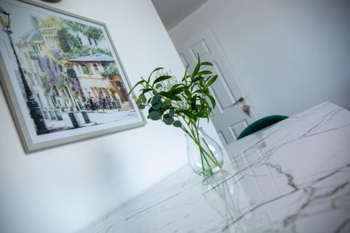 a vase with a plant sitting on a table next to a picture at Modern Townhouse Apartment with FREE Parking, Wifi & Netflix in Stratford-upon-Avon