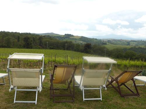 een groep stoelen en tafels in het gras bij Villa Cenerentola in Trequanda