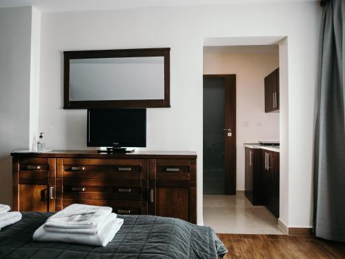 a bedroom with a flat screen tv on a wooden dresser at Willa Pachówka - tam, gdzie natura spotyka się z nowoczesnością in Bukowina Tatrzańska
