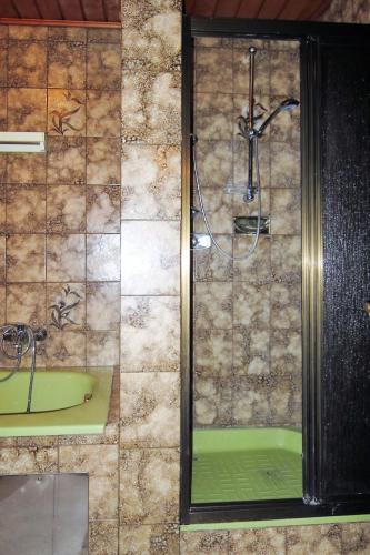 a bathroom with a shower and a green tub at Apartment Moser-1 by Interhome in Stein an der Enns