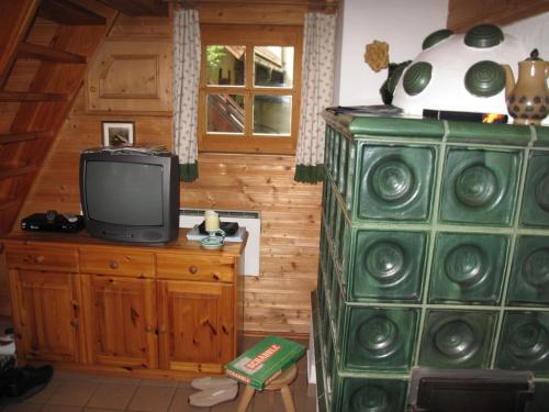 a living room with a tv and a wooden wall at Holiday Home Kunzhof-1 by Interhome in Winklern