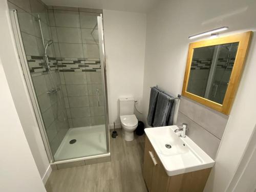 uma casa de banho com um chuveiro, um lavatório e um WC. em Villa Raphaëlle #4 Centre ville avec parking em Le Havre