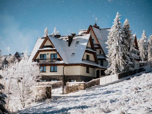 a house covered in snow on a snowy hill at Willa Pachówka - tam, gdzie natura spotyka się z nowoczesnością in Bukowina Tatrzańska