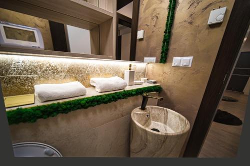uma casa de banho com um lavatório e um espelho em Penthouse de Lux André em Sibiu