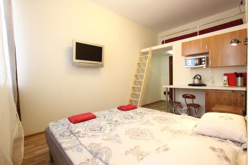 a small room with a bed and a kitchen at STN ApartHotel on Kolomenskaya in Saint Petersburg