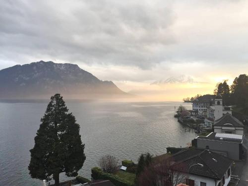a view of a large body of water with a mountain at Apartment Apartment 10 by Interhome in Weggis
