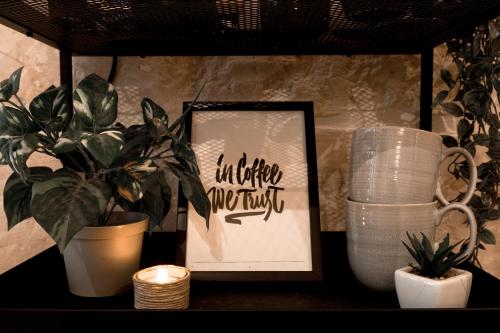 a shelf with plants and a picture and a frame at Sweet Life Gozo - Boutique Living in Santa Luċija