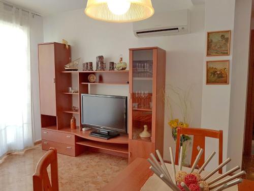 salon z telewizorem i drewnianym centrum rozrywki w obiekcie Apartment Simanca by Interhome w mieście Sant Carles de la Ràpita