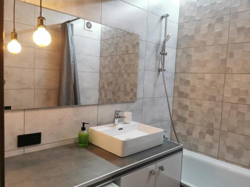 a bathroom with a sink and a mirror and a tub at Green Apartments in Chernihiv