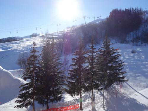 un groupe d'arbres sur une piste enneigée avec remontée mécanique dans l'établissement Studio Soyouz Vanguard-92 by Interhome, au Corbier