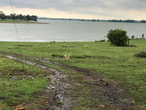 a dirt road in a field next to a body of water at Best view family loft in Oranjeville