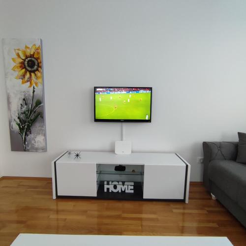 a living room with a flat screen tv on a white wall at Stan na dan Bijeljina Niki in Bijeljina