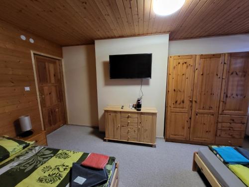 a bedroom with two beds and a flat screen tv at HORSKÝ PENZION U SPLAVU in Josefuv dul