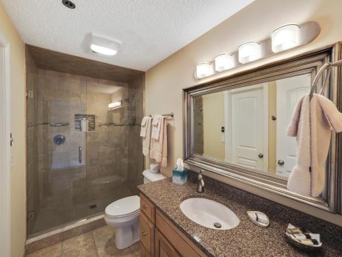 ein Bad mit einem Waschbecken, einer Dusche und einem Spiegel in der Unterkunft 116 Edgewater Inn in Charlevoix