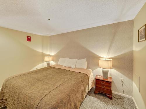 a bedroom with a bed and two lamps on a night stand at 119 Edgewater Inn in Charlevoix