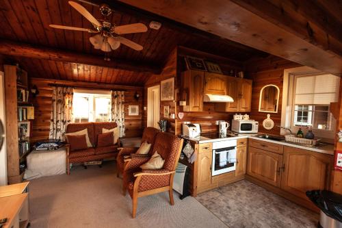a kitchen with wooden walls and a ceiling at Rustic Log cabin in Snowdonia By Seren Short Stays in Trawsfynydd