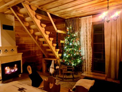 a living room with a christmas tree and a fireplace at Casa Del Campo 1 in Gaśno