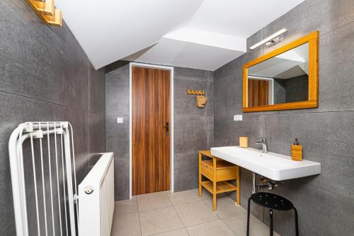 科熱諾夫的住宿－Horský hotel Sport，一间带水槽、浴缸和镜子的浴室