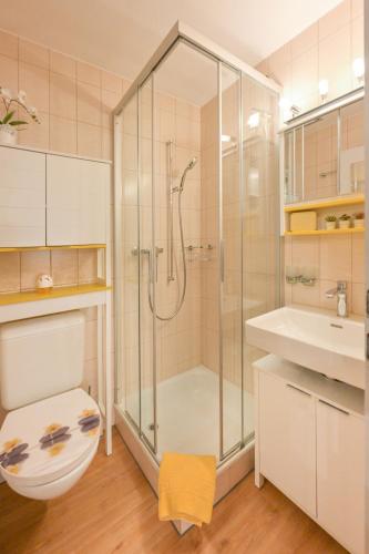a bathroom with a shower and a toilet and a sink at Ambassador Yellow Home in Grächen