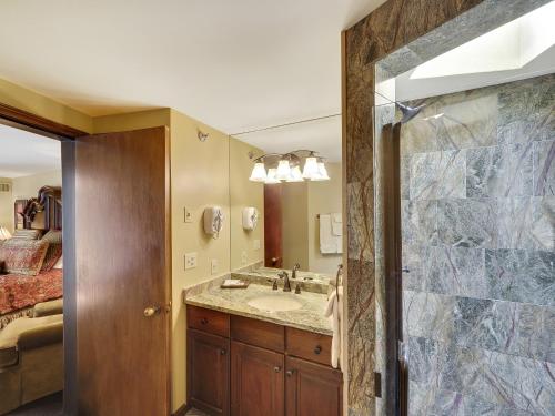 a bathroom with a sink and a shower at 354 Edgewater Inn in Charlevoix
