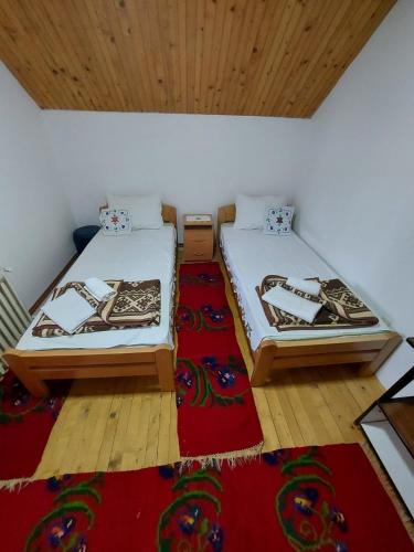 two beds in a room with a red rug at Domaćinstvo Sindžirević in Nova Varoš