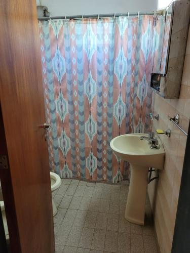 a bathroom with a sink and a toilet and a shower curtain at El Remanso Estadia Minima 2 Noches in Córdoba