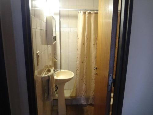 La salle de bains est pourvue d'un lavabo et d'un rideau de douche. dans l'établissement Depto en San José, à Barraquero