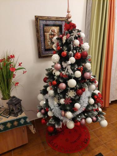 a christmas tree with red and white ornaments at Casa Azugeana in Azuga