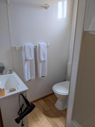 a bathroom with a sink and a toilet and towels at The Oxley Estate in Portarlington