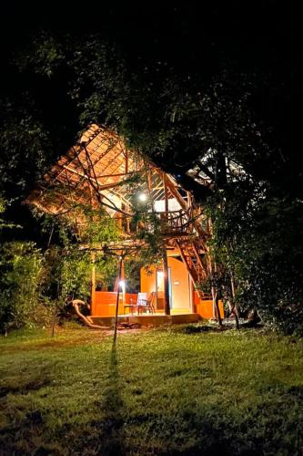 a house with a thatched roof in a field at Back of Beyond - Wild Haven in Sigiriya